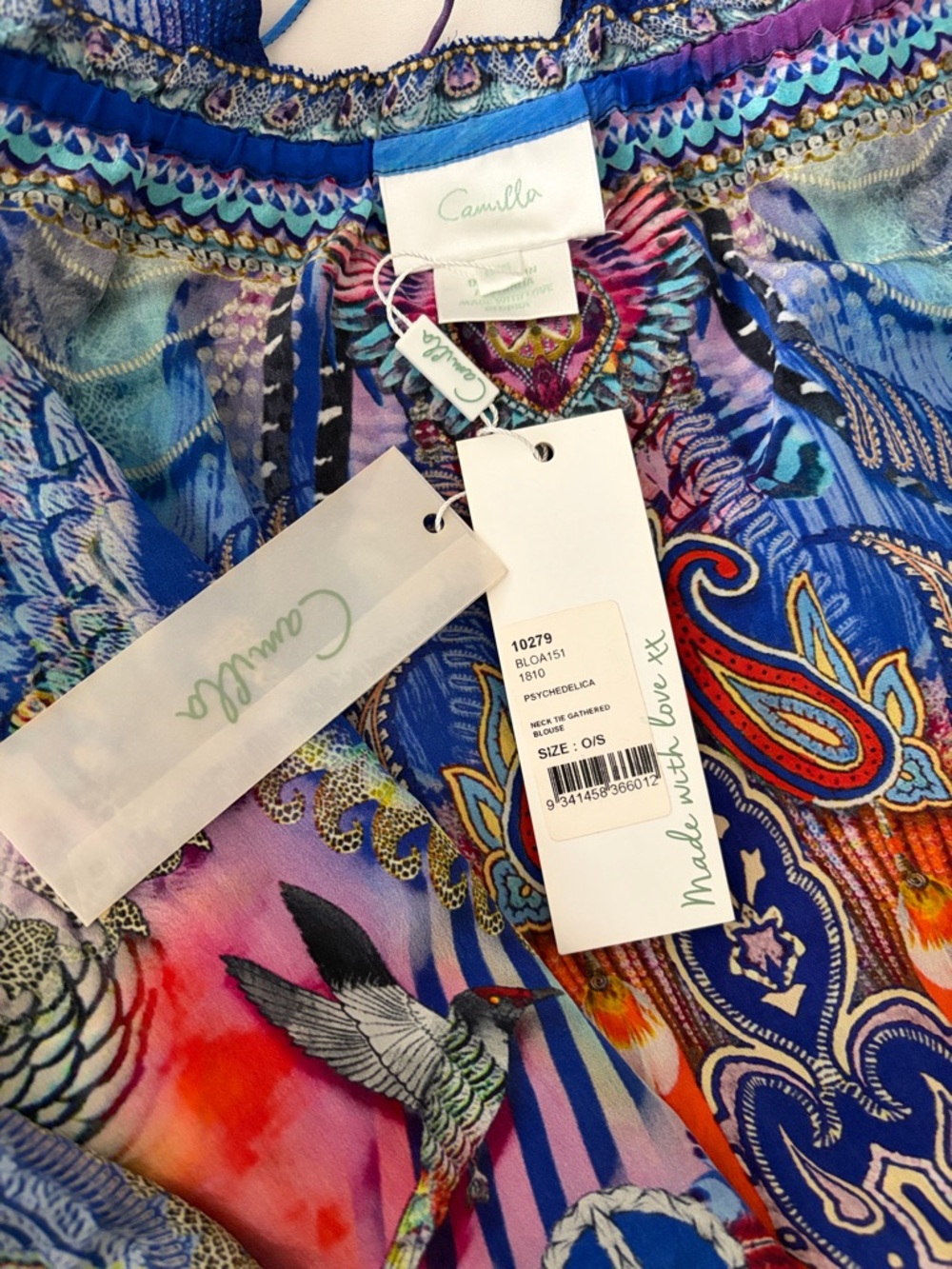 Camilla - O/S - Psychedelica Print - Neck Tie Gathered Blouse - Picture 4 of 4